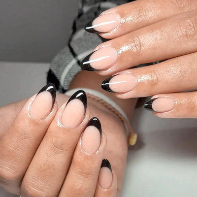 EternalClassic Black French Tip Press on Nails Short Almond Fake Nails with Glue Almond Press on Nails Medium Glossy Acrylic Nails Press ons Full Cover Glue on Nails for Women Girls